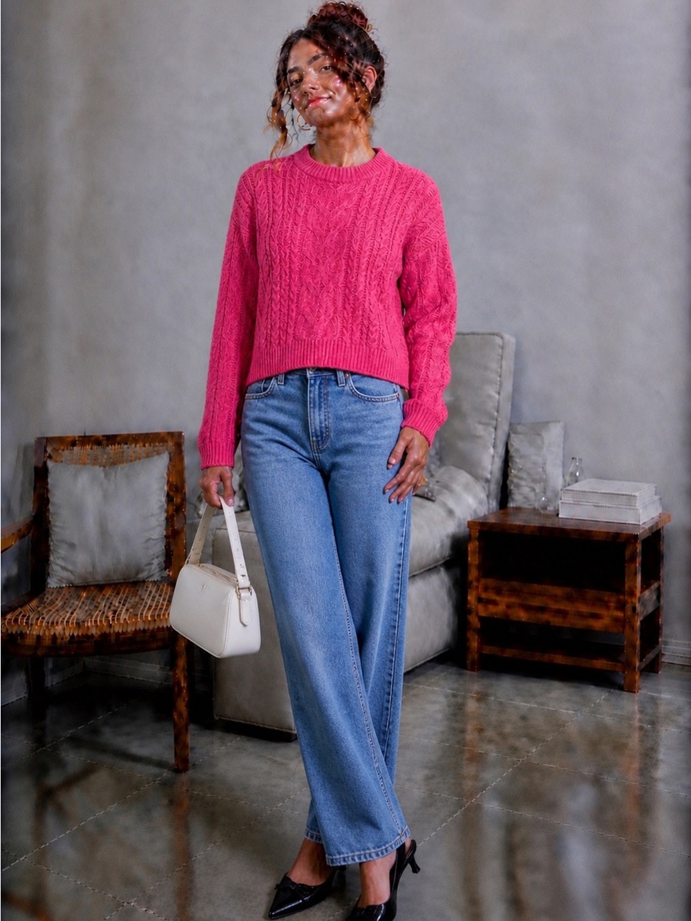 Amazon Essentials Cable-Knit Crewneck Sweater in Hot Pink
